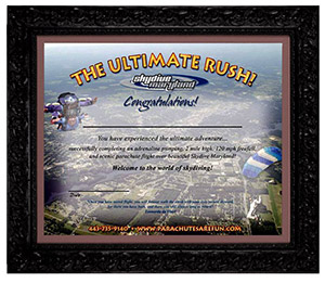 Certificate design with frame for Skydive Maryland