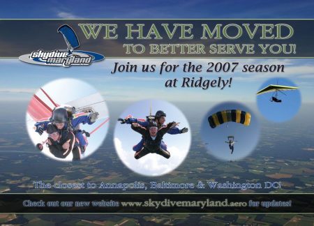 Skydive Maryland Relocation Postcard